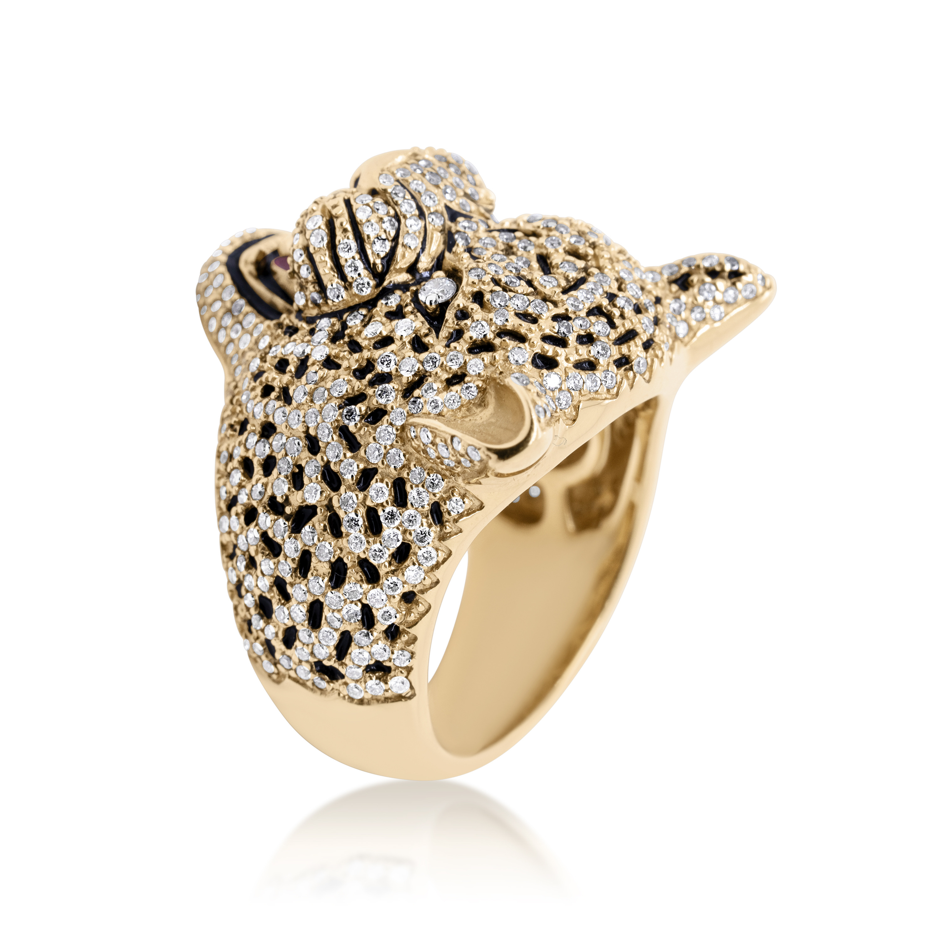 Diamond Cheetah Head Ring 1.62 ct. 14K Yellow Gold